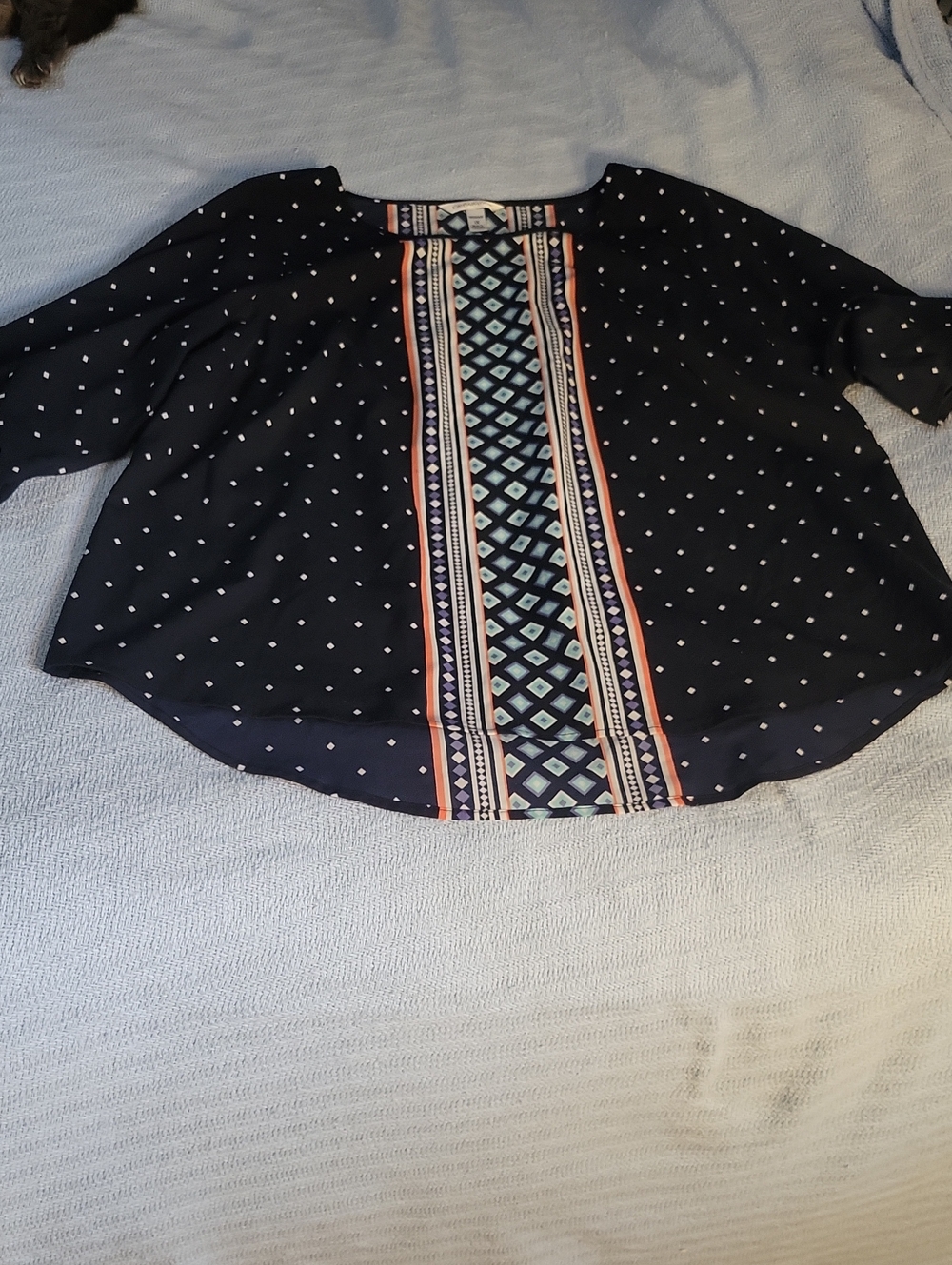 croft & barrow Navy Printed Long-Sleeve Blouse with Geometric Center Panel
